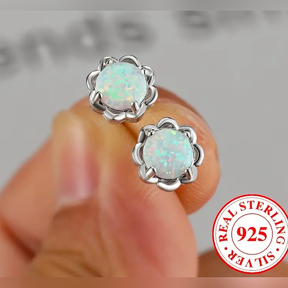 Flower Design Round Opal Earrings